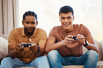 Image showing Men on sofa with video games, excited fun and relax in home living room together on internet with controller. Online gaming, esports and happy gamer friends play on couch on virtual app in apartment.