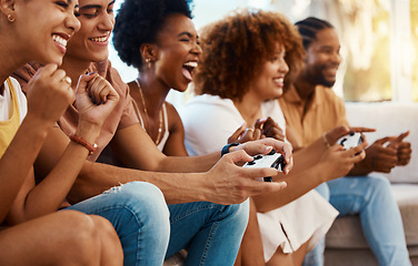 Image showing Group of friends together on sofa, video game fun and relax in home living room playing with internet controller. Online gaming, virtual esports app and couch happy gamer men and women in apartment.