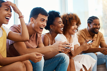 Image showing Friends together on couch, video games fun and relax in home living room playing with internet controller. Online gaming, virtual esports app and sofa, happy group of gamer men and women in apartment