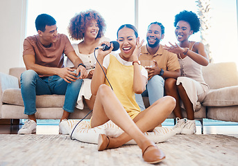 Image showing Microphone, happy or friends singing in home living room together in a party on holiday vacation break. Girl singer, men or group of funny women laughing to relax in a fun karaoke competition or game