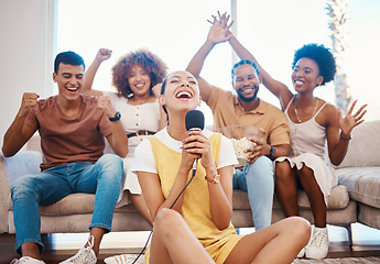 Image showing Microphone, excited or friends singing in home living room together in a party on holiday vacation break. Girl singer, happy men or group of funny women laughing in a fun karaoke celebration or game