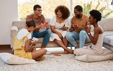 Image showing Game, happy people or friends playing cards, poker or black jack at home for gambling together in a party. Smile, men or group of women laughing to relax in living room in a fun match on holiday