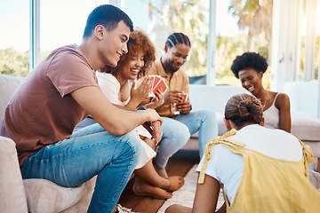 Image showing Home, happy people or friends playing cards, poker or gambling in black jack to relax together in a party. Smile, men or group of women laughing in living room in a fun match or game on holiday