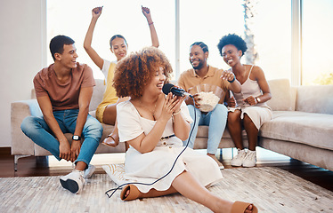 Image showing Microphone, happy people or woman singing in home living room together in party on holiday vacation break. Girl singer, men or group of funny women laughing in a fun karaoke game with popcorn snacks