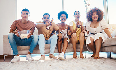 Image showing Beer, popcorn and friends watching tv in home living room, bonding and having fun together. Food, happy people and group on television to drink alcohol, streaming movie and film to relax on couch