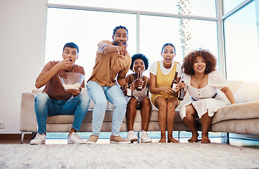 Image showing Beer, popcorn and friends watching tv, surprise and bonding in home living room together. Wow, happy people and group on television to drink alcohol, streaming movie or film, eating food and relax