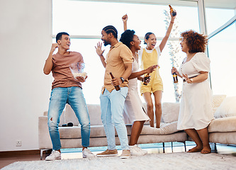 Image showing Friends, fun and beer to celebrate at a house with happiness, drinks and people in a lounge. Diversity, alcohol and party with men and women together for celebration, gathering or reunion at home