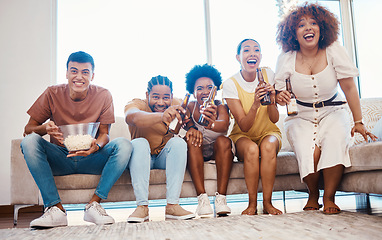 Image showing Beer, popcorn and friends watching tv, excited and bonding in home living room together. Food, happy people and group on television to drink alcohol, streaming movie and video film to relax on sofa