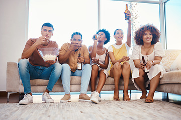 Image showing Popcorn, beer and friends streaming television in home living room, bonding and having fun together. Food, happy people and group on tv to drink alcohol, watching movie and film to relax on sofa.