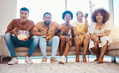 Image showing Beer, popcorn and friends streaming television in home living room, bonding and having fun together. Food, happy people and group on tv to drink alcohol, watching movie and film to relax on sofa.