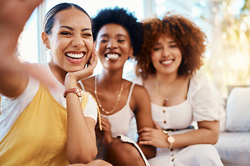 Image showing Portrait smile, wink and selfie of friends in home living room, bonding and having fun on sofa. Face, profile picture and group of people, women or girls in photography, happy memory and social media