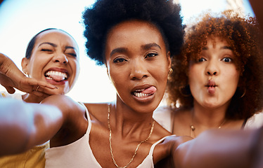 Image showing Funny selfie, portrait and friends in a house for bonding, social media or happy together. Diversity, home and face of crazy women taking a picture for memory with tongue out, comedy and smile