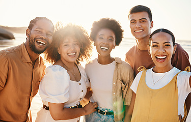 Image showing Smile, selfie and travel with friends at beach for support, social media and diversity. Happy, relax and profile picture with portrait of people in nature for community, peace and summer vacation