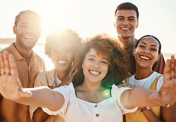 Image showing Happy, selfie and portrait with friends at beach for support, social media and diversity. Smile, relax and profile picture with group of people in nature for community, peace and summer vacation