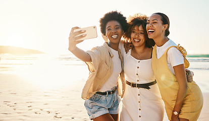 Image showing Beach sunset, selfie and group of friends happy, smile and enjoy travel vacation, summer or post photo to social media app. Excited memory picture, photography and gen z women bonding on holiday