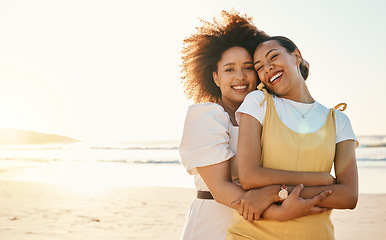 Image showing Portrait, sunset and lgbt couple on the beach together for romance or relationship bonding on a date. Mockup, love and a gay woman with her lesbian girlfriend by the sea or ocean for their honeymoon