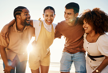 Image showing Summer, hug and travel with friends at beach for freedom, support and sunset. Wellness, energy and happy with group of people laughing by the sea for peace, adventure and Hawaii vacation together