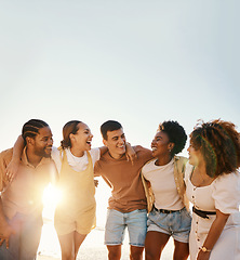 Image showing Friends, summer and people happy at sunset beach for fun, banner space and travel with a smile. Diversity, men and women group in nature with a laugh, love and happiness on a vacation or holiday