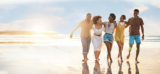 Image showing Relax, happy and travel with friends at beach for freedom, support and sunset. Wellness, energy and summer banner with group of people walking by the sea for peace, adventure and vacation mockup