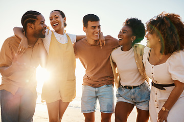 Image showing Summer, funny and travel with friends at beach for freedom, support and sunset. Wellness, energy and happy with group of people laughing by the sea for peace, adventure and Hawaii vacation together