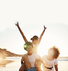 Image showing Beach sunset, happy and group of friends piggyback, smile and enjoy travel vacation, summer freedom or tropical adventure. Having fun, wellness and gen z women excited for holiday, bonding or break