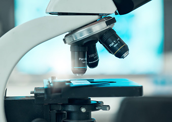 Image showing Science, closeup and a microscope for research of bacteria, studying medicine or dna in a lab. Healthcare, gear or equipment for medical analytics, pharmaceutical investigation or biotechnology