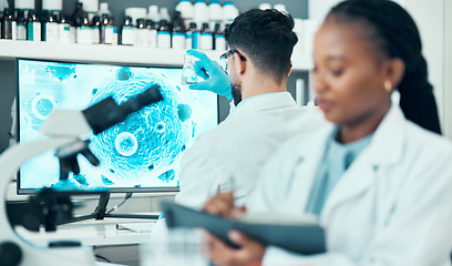 Image showing Scientist, people and laboratory for planning, writing and bacteria research, virus or vaccine solution, ideas and study. Professional science woman or medical student in notebook and computer screen
