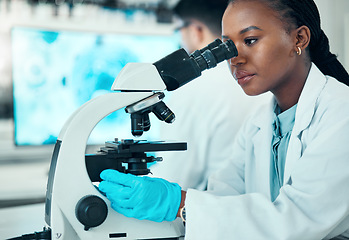 Image showing Microscope, science and female scientist in a lab for medical pharmaceutical research. Professional, scientific and African woman researcher working on molecule analysis with biotechnology equipment.