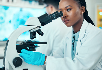 Image showing Microscope, scientific and female scientist working in a medical study in pharmaceutical lab. Professional, science and African woman researcher doing chemistry research with biotechnology equipment.