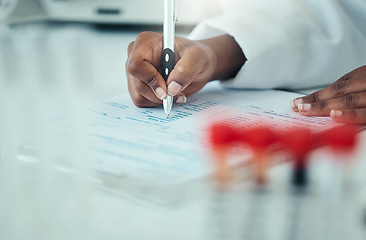 Image showing Results, hands or woman scientist writing research notes for analysis on experiment or medical paperwork. Notebook, closeup or expert in a laboratory with documents info for science development