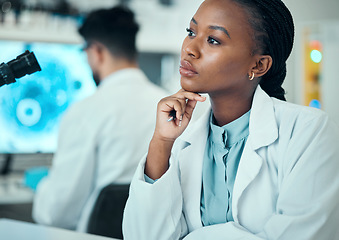 Image showing Thinking, research and black woman with solution, medical or scientist in a lab, brainstorming or ideas. Planning, researcher or professional with science problem, decision or strategy for experiment