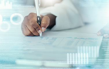 Image showing Medical survey, overlay and hands of person writing answer, clinic questionnaire and reading patient feedback, results or review. Hospital data, chart graph or closeup doctor check client information