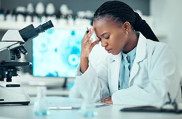 Image showing Scientist, woman and headache, microscope or research checklist and stress, pain or mental health in laboratory. Science student or african person with depression for medical results on documents