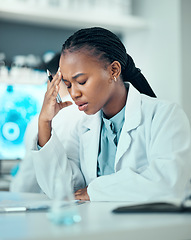 Image showing Stress, black woman or scientist with headache in a laboratory suffering from burnout, migraine pain. Exhausted, frustrated or tired African doctor working on science research with fatigue or tension