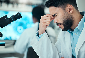 Image showing Stress, man or tired scientist with headache in a laboratory with burnout, migraine or bad head pain. Exhausted, anxiety or frustrated expert with medical or science research with fatigue or tension