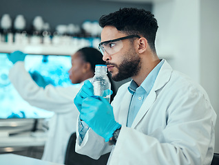 Image showing Science, smell and chemical with man in laboratory for liquid analysis. medical and pharmacy. Medicine, healthcare and results with scientist and beaker for virus vaccine, test and research exam