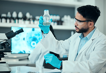 Image showing Science, safety and man with bottle in laboratory, research and medical engineering with sample. Biotechnology, vaccine study and liquid, scientist or lab technician checking solution in glass jar.