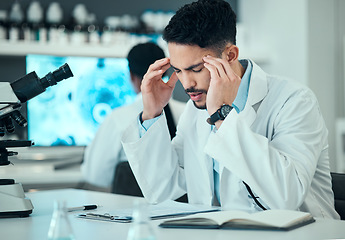 Image showing Anxiety, man or sick scientist with headache stress in a laboratory with burnout, migraine or bad head pain. Exhausted, tired doctor or frustrated expert with medical or science research with fatigue