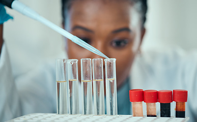 Image showing Science, woman with pipette and blood in test tube, laboratory research, results and medical engineering. Biotechnology, pharmaceutical study and pathology, scientist or lab technician glass solution