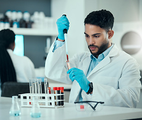 Image showing Science, man with blood in pipette and laboratory research, results and medical engineering. Biotechnology, pharmaceutical study and DNA test, scientist or lab technician with solution in glass