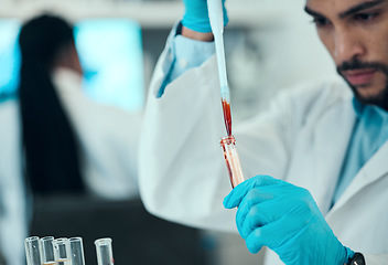 Image showing Scientist, man with blood in pipette and test in laboratory research, results and medical engineering. Biotechnology, pharmaceutical study and DNA lab technician with liquid solution in glass.