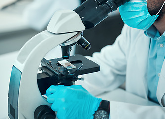 Image showing Person, science and microscope for laboratory research, blood test and dna or virus analysis with glass slide. Professional scientist in medical or biotechnology and lens check for covid or particles