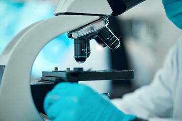 Image showing Microscope, medical science and a scientist in a laboratory for analysis, study or development. Zoom on equipment for research, future and gloves of a person with a sample for virus, particle or dna