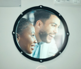 Image showing Mirror frame, smile and people in a lab for healthcare innovation, research and teamwork. Happy, collaboration and diversity with scientists in a glass for partnership in pharmaceutical science