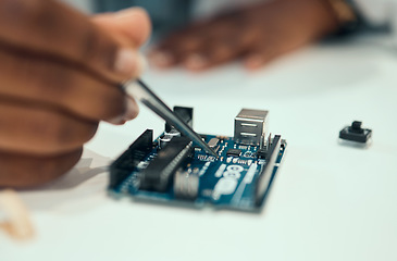 Image showing Hands, engineering and hardware with person in laboratory for research, monitor and programming. Technology, data and microchip with closeup of scientist for electrician, maintenance and cpu system