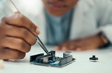 Image showing Hands, engineering and cpu with person in laboratory for research, monitor and programming. Technology, data and microchip with closeup of electrician for hardware maintenance and electrical system