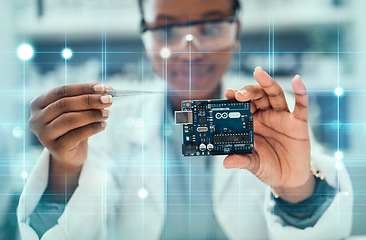 Image showing Overlay, engineering and hardware with black woman in laboratory for research, monitor and programming. Technology, data and microchip with person for electrician, maintenance and electrical system