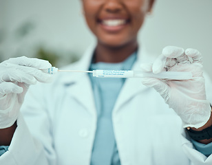 Image showing Medical, pcr and cotton with hands of doctor for vaccine research, science and dna test. Pharmacy, medicine and healthcare with closeup of person and swab for virus, pathology exam and diagnosis