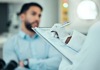 Image showing Patient, hands or doctor writing healthcare information, notes or history record for hospital paperwork. Clipboard, consultation or nurse with documents for prescription, diagnosis or medical advice