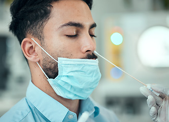 Image showing Medical, pcr and consulting with man and doctor for vaccine research, science and dna test. Pharmacy, medicine and healthcare with patient and cotton swab for virus, pathology exam and diagnosis